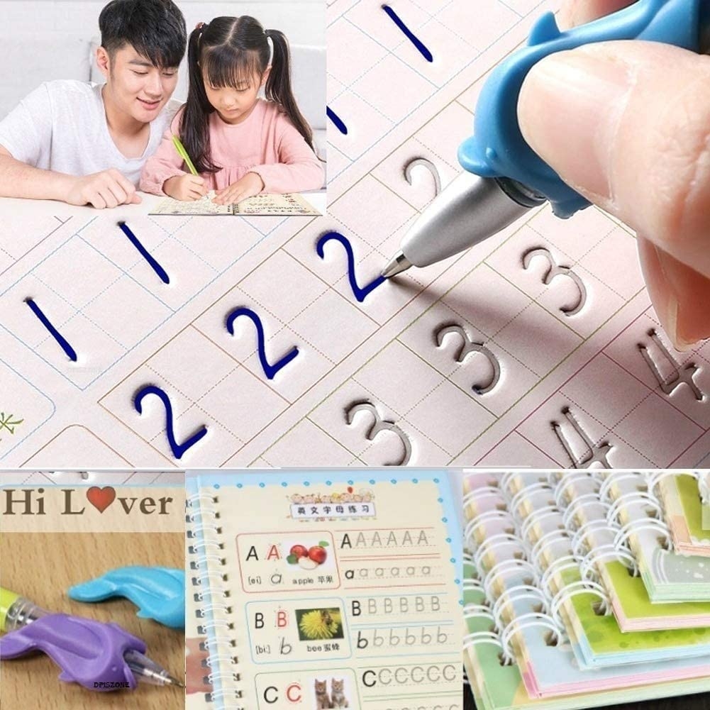 Sank Magic Practice Copybook, (4 BOOK + 10 REFILL+ 1 Pen +1 Grip) Number Tracing Book for Preschoolers with Pen, Magic Calligraphy Copybook Set Practical Reusable Writing Tool Simple Hand Lettering - Image 2